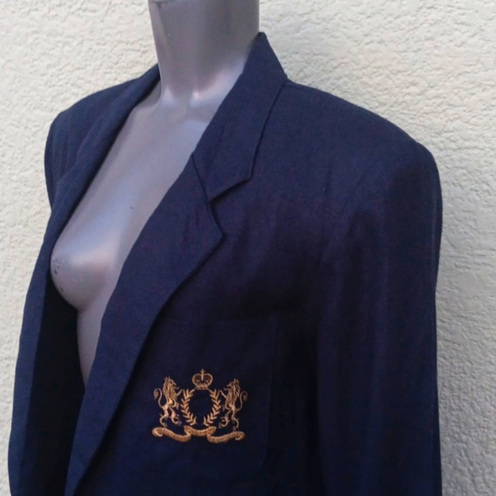 Granite (USA) Ladies Vintage 46% Linen Crested Blazer W/Gold Button Accents